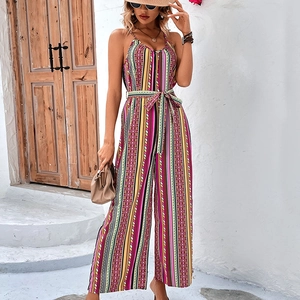 Tuta Intera Cami Bohemienne a Righe Colorate Scollo a V per Donna Estiva Casual Gamba Larga Con Cintura Senza Maniche Vacanza