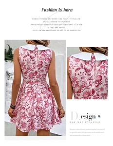 Detail of white Peter Pan collar and back view of red floral sleeveless summer dress