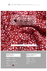 Detail showing red floral print dress fabric with S-XL size chart and breathable material