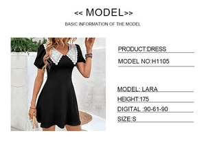 Detail of contrast lace collar and puff sleeves on a black mini dress for women