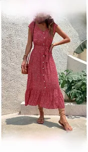 Detail of red floral midi dress showing V-neckline, buttons, and drawstring waist