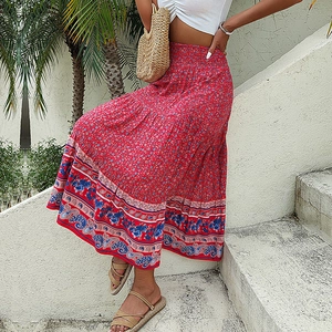 Summer Bohemian floral maxi skirt with elastic high waist and ethnic paisley print hem