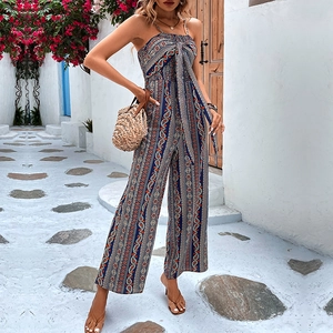 Tuta Gamba Larga Stampa Paisley Bohemian Donna Spalline Sottili Fiocco Davanti Senza Schienale Senza Maniche Estate Spiaggia Tuta