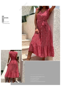 Detail view of red floral summer dress featuring a V-neck, front buttons and waist tie
