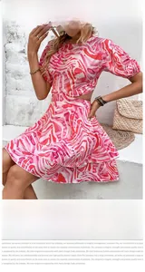 Detail of pink abstract print dress featuring waist cut-outs and tiered ruffle skirt