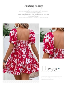 Detail view of red floral dress featuring smocked back and elegant puff sleeves design