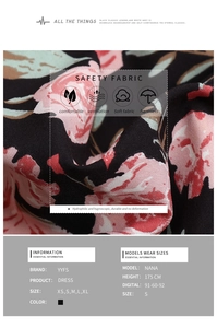 Tableau détaillé des tissus et du guide des tailles XS-XL pour la robe à fleurs