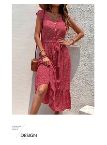 Close-up of V-neckline and button-down front on red floral vacation midi dress