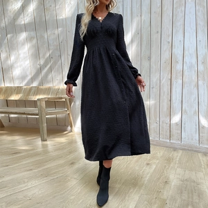 Robe Midi Femme Noire Swiss Dot Col en V Manches Longues Élégante Boutons Fente Taille Définie Vintage Casual Robe de Fête