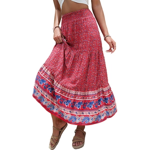 Bohemian floral maxi skirt with high waist and layered paisley print pattern