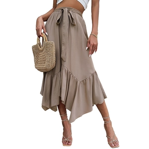 Jupe midi kaki à taille haute pour femmes avec ceinture et ourlet à volants