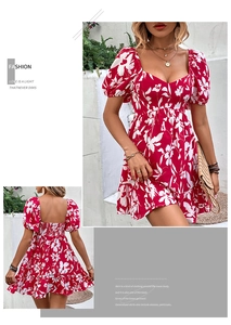 Detail of red floral dress featuring square neck, puff sleeves and smocked back design