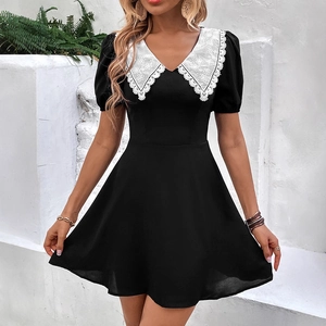 Women's French Retro Short Sleeve Mini Dress White Lace Peter Pan Collar Black A-Line Summer Party Dress