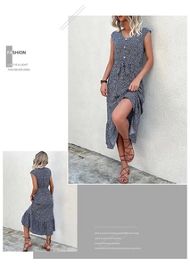 Detailed views of a blue and white floral V-neck midi dress with ruffled hem and waist tie