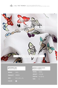 Detail of white dress fabric showing breathable texture and colorful butterfly print pattern
