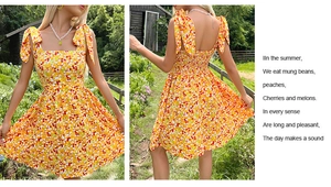 Detail view of yellow floral mini dress featuring adjustable shoulder bow ties and lace-up