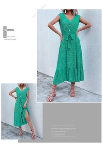 Detail of green floral print dress showing V-neckline with buttons and waist tie