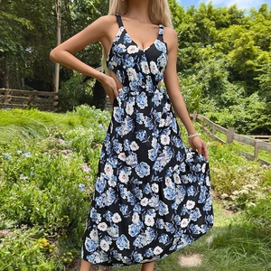 Abito Maxi da Donna Estivo a Fiori Scollo a V Cami Traforato Senza Schienale Linea A Fluido Spiaggia Vacanza Elegante Senza Maniche