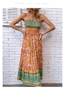 Detail view of the tiered ruffle hem and floral patterns on bohemian summer maxi dress