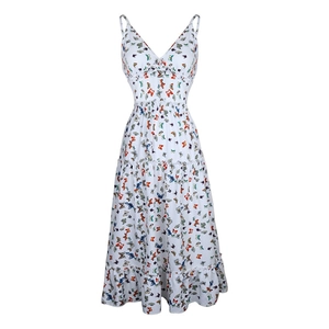 Detail of V-neck tiered white summer dress featuring colorful butterfly print patterns