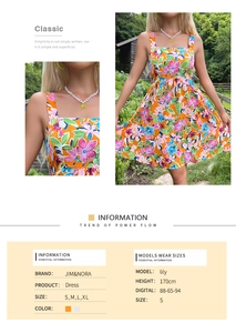 Detailed size chart and model info for floral summer dress with orange flower prints