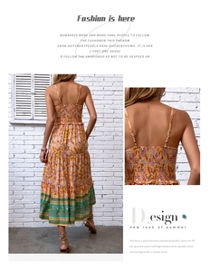Close-up of bohemian orange floral dress with smocked back and thin shoulder straps