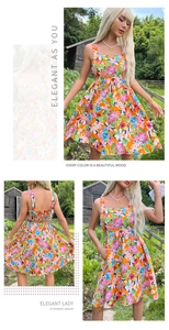 Close-up of vibrant orange floral summer dress with square neck and A-line silhouette