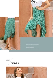 Detailed view of the ruffle hem and green polka dot pattern on the wrap midi skirt