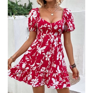 French vintage red floral mini dress with puff sleeves and sweetheart neckline