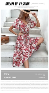 Detail of red floral maxi dress with ruffle sleeves, V-neck, and braided belt feature