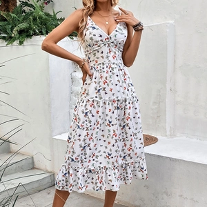 Women Sexy V Neck Spaghetti Strap Butterfly Print Tiered Ruffle Midi Dress Summer Vacation Sleeveless High Waist Sundress