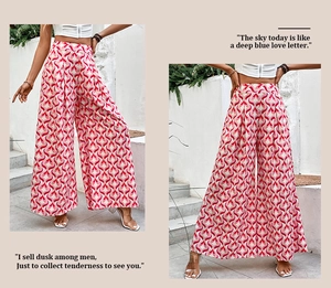Détail du pantalon évasé à taille haute avec imprimé géométrique ondulé rétro rose