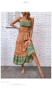 Detail of bohemian floral maxi dress featuring smocked bodice and layered tiered skirt