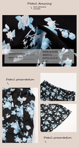 Detail view of floral print trousers showing fabric texture, waistband, and pocket design