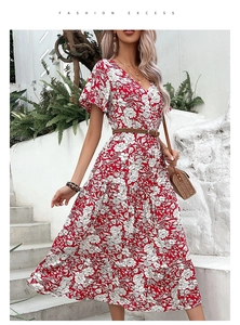 Close-up of a red floral midi dress with V-neckline and braided waist belt detail