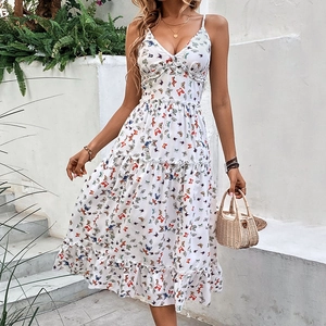 Summer V-neck white midi dress with colorful butterfly prints and layered ruffle details