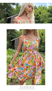 Detail showing bright orange floral print fabric on backless A-line summer dress