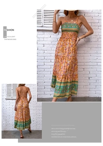 Detail of the smocked bodice and spaghetti straps on a tropical bohemian maxi dress