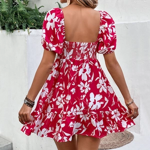 French square neck floral mini dress with puff sleeves and back smocking detail