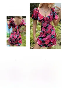 Detail of floral mini dress with side cut-outs and open back with bow tie detail