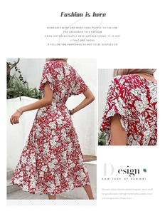 Detail view of red floral summer dress featuring flutter sleeves and chiffon fabric