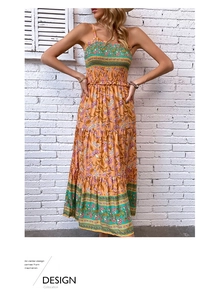 Detail of bohemian floral maxi dress featuring smocked bodice and tiered ruffled hemline