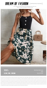 Detail of summer dress featuring black strap top with white buttons and floral skirt