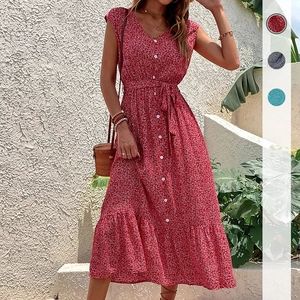 Women's Vacation Floral Print V-Neck Sleeveless Button Down Midi Dress With Belt Ruffle Hem Bohemian Summer Beach Dress