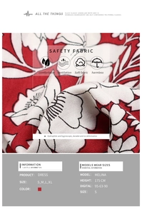 Detail of red floral cotton dress fabric showing breathable texture and size guide