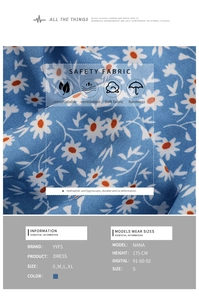 Detail view of breathable blue daisy floral fabric and S-XL size chart for this dress