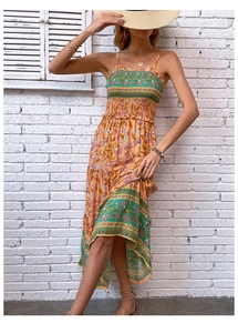 Detail of smocked bodice and spaghetti straps on bohemian tropical floral dress