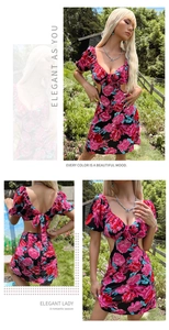 Detail of floral mini dress showing cut-out waist, puff sleeves, and back bow tie design