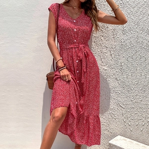 Short-sleeve red floral summer maxi dress with V-neckline and button details