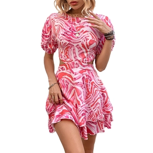 Pink abstract print mini dress with puff sleeves and waist cut-out details